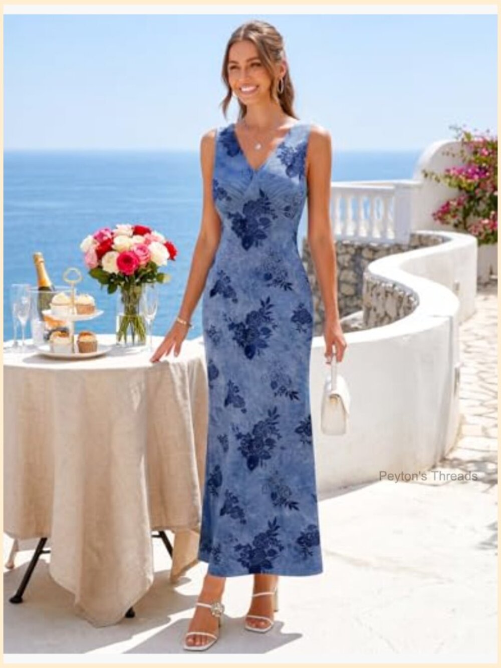 Sleeveless Floral Bodycon Maxi Dress V-Neck Wedding Guest Cocktail - Picture 6 of 7